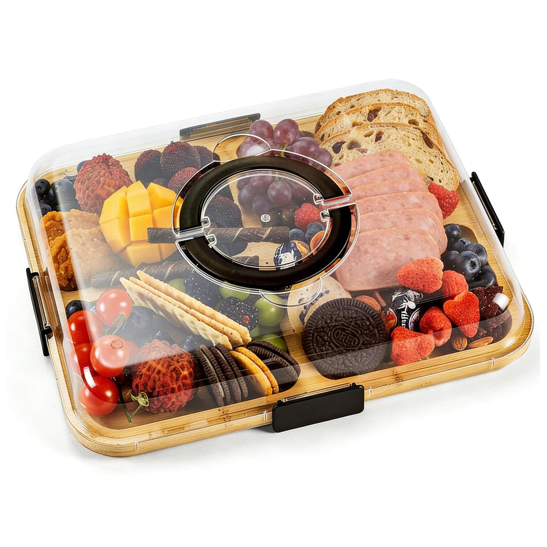 Charcuterie-Bretter mit Deckel und Griff, tragbares Bambus-Käsebrett mit 6 Fächern, Serviertablett f