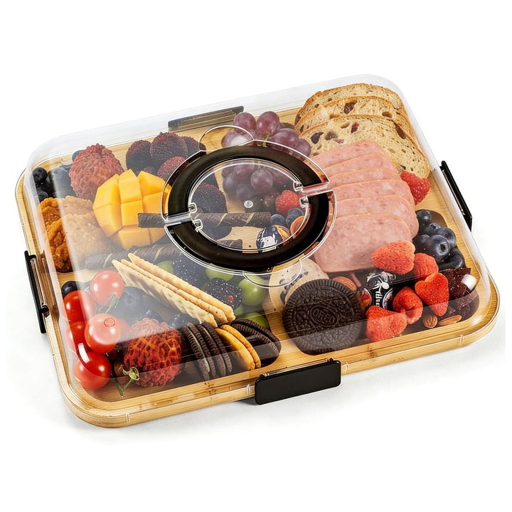 Charcuterie-Bretter mit Deckel und Griff, tragbares Bambus-Käsebrett mit 6 Fächern, Serviertablett f