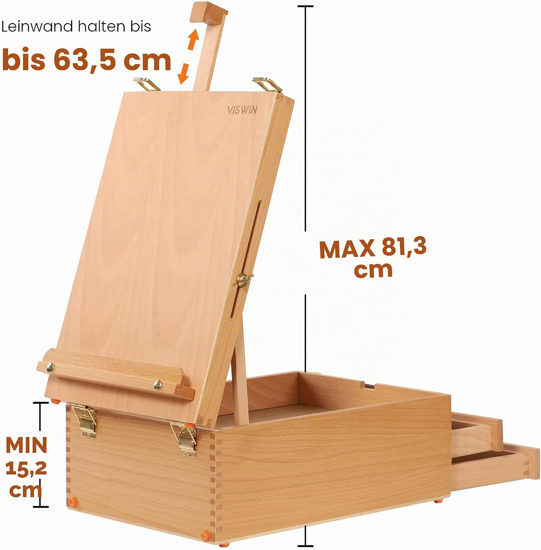 VISWIN Grosse Tisch-Staffelbox mit 3 Schubladen, Hält Leinwände bis zu 63 cm, tragbare Staffeleibox