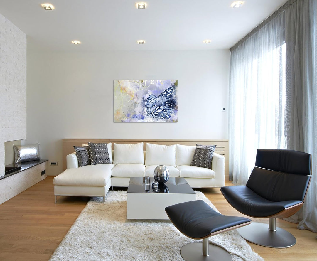 Paul Sinus Art Bild Leinwand 120x80cm Eleganter Schmetterling in Blautönen mit Kalligraphie, 120x80c