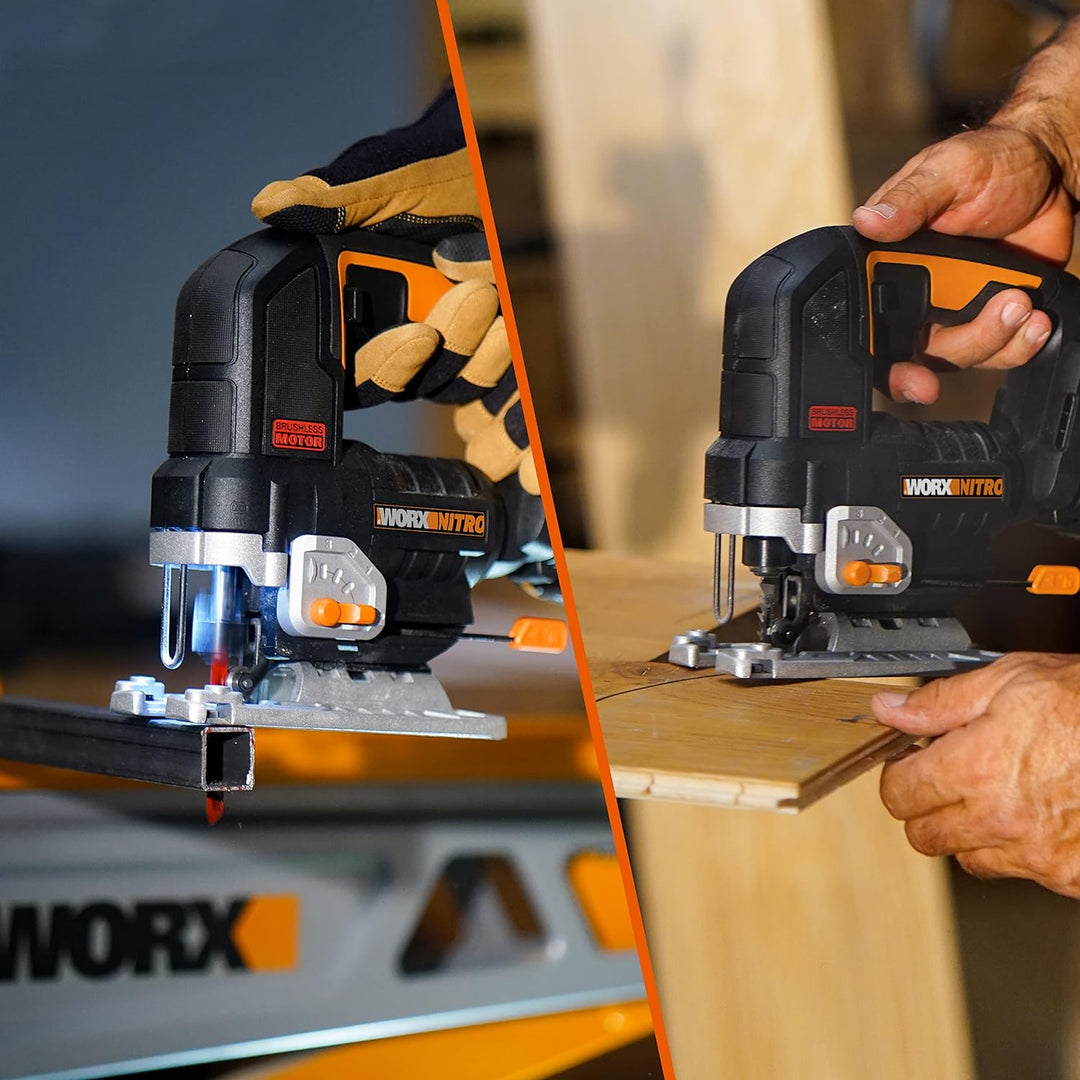 WORX NITRO WX542.9 Akku-Pendelhub-Stichsäge 20V - Bürstenloser Motor - Profi Stichsäge Mit Absaug-Ad