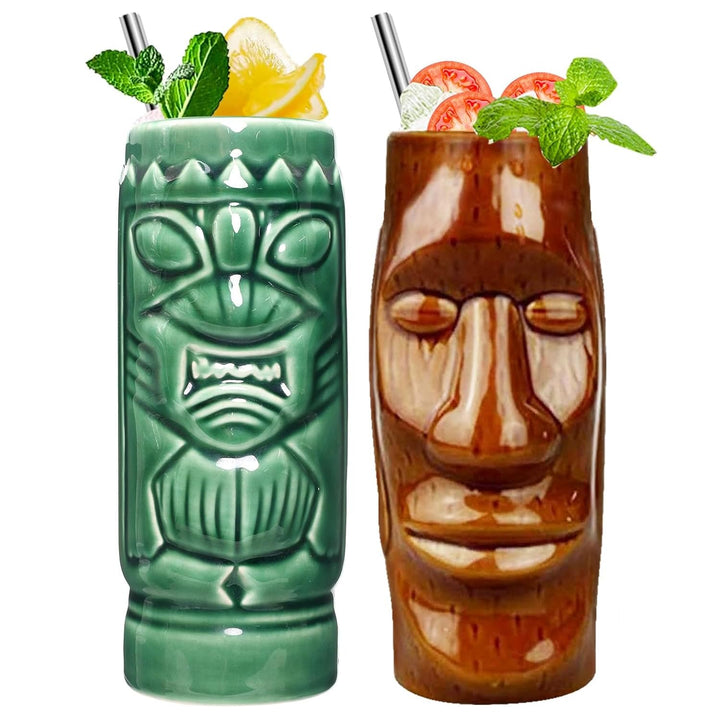 Tiki Tassen Cocktail Set von 2 - Becher aus Keramik, hawaiianische Partybecher, Trinkgeschirr, niedl