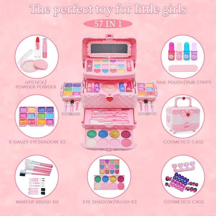 Kinderschminke Set Mädchen Schminkkoffer - 57 PCS Waschbar Kinder Make Up Set Schminkset Spielzeug,R