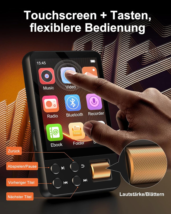128GB MP3 Player Bluetooth 5.4 mit Kopfhörer, MP3 Player Kinder mit 2.4 Zoll Touchscreen, Musikplaye
