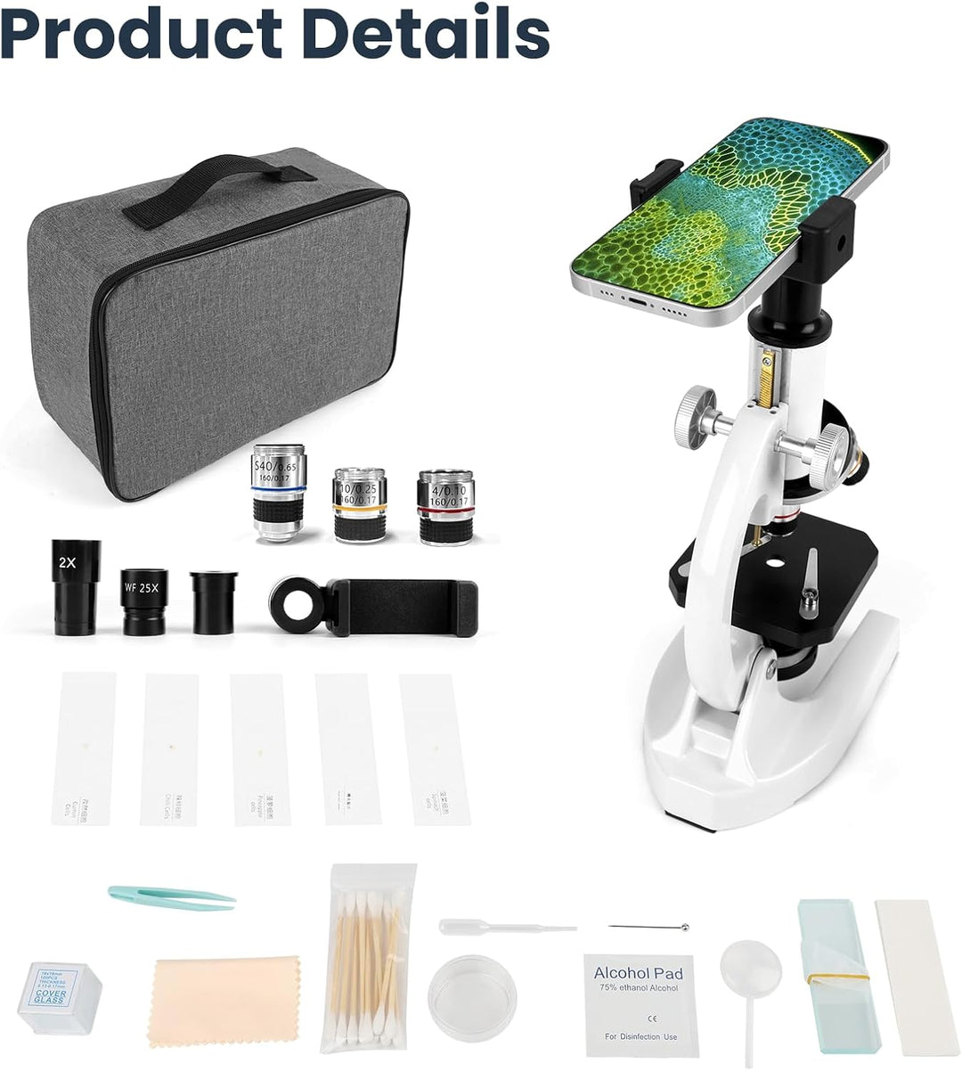 40-2000x Mikroskop, Professionelles Metall-Mikroskop für Erwachsene & Kinder, mit 10x & 25x Okularen