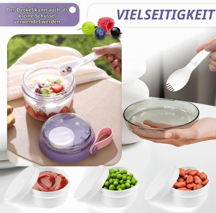 Müsli To Go Becher, Porridge Becher, Jmüsli Cup mit Dip-Box und Löffel, 650 ml Joghurtbecher To Go K