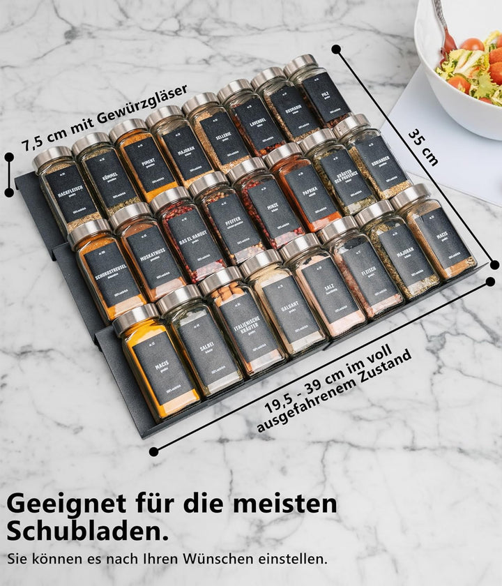 Deco haus® Gewürzregal Schublade aus Metall [MIT 24 GEWÜRZGLÄSER & ETIKETTEN] - Gewürzeinsatz Schubl