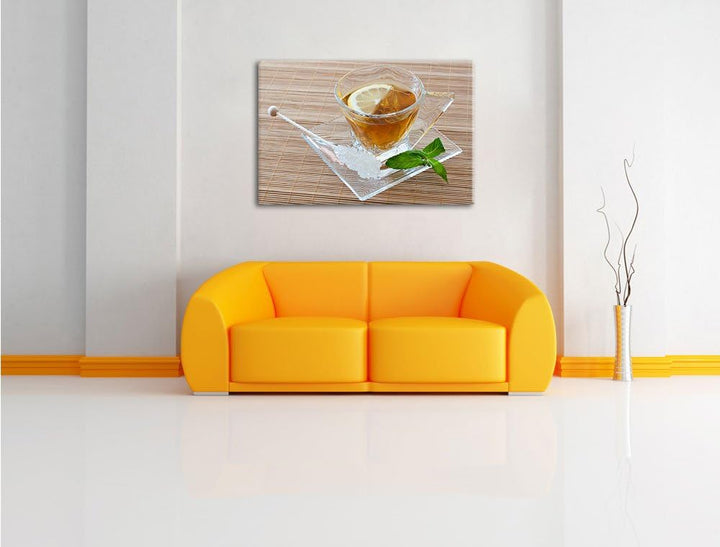 Tasse Tee mit Minze, Format: 100x70 auf Leinwand, XXL riesige Bilder fertig gerahmt mit Keilrahmen,