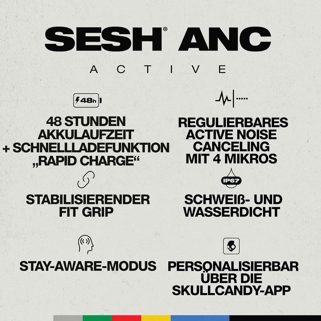 Skullcandy Sesh ANC Active, Kabelloser In-Ear Kopfhörer mit Active Noise Canceling, 48 Std. Wasserdi
