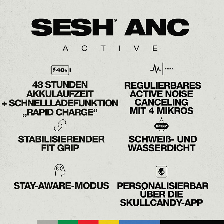 Skullcandy Sesh ANC Active, Kabelloser In-Ear Kopfhörer mit Active Noise Canceling, 48 Std. Wasserdi