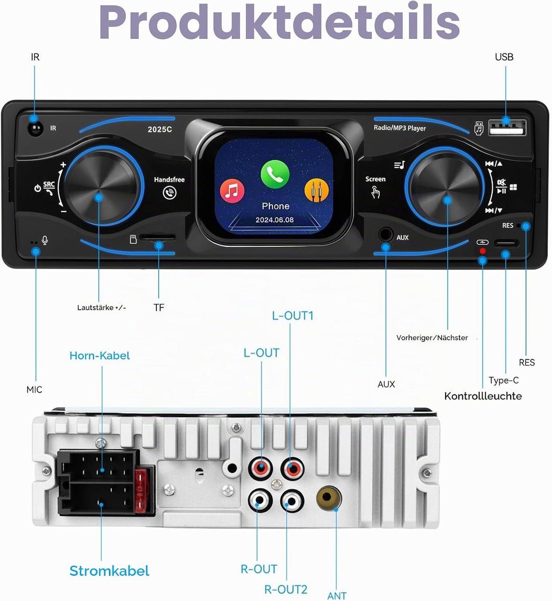 Hikity 1 Din Autoradio mit Touchscreen, Radio 1 DIN mit FM, Bluetooth,USB/SD/AUX-IN, Freisprecheinri