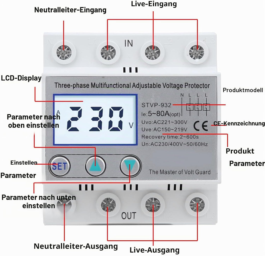 Überspannungsschutz, Einstellbarer Spannungsschutz STVP-932 230V/400V AC 3-Phasen-LCD-Multifunktions