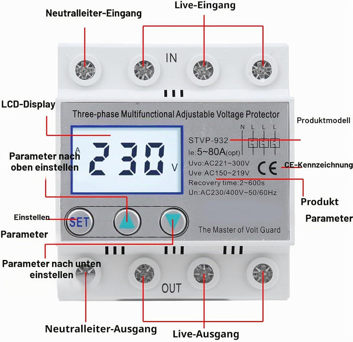 Überspannungsschutz, Einstellbarer Spannungsschutz STVP-932 230V/400V AC 3-Phasen-LCD-Multifunktions