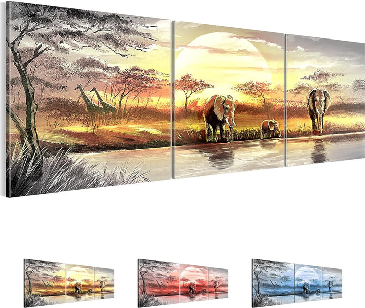 Runa Art Bild Modern Afrika Elefant - Made in Germany - Wandbilder Savanne Blau Grau 4 Teilig 000742
