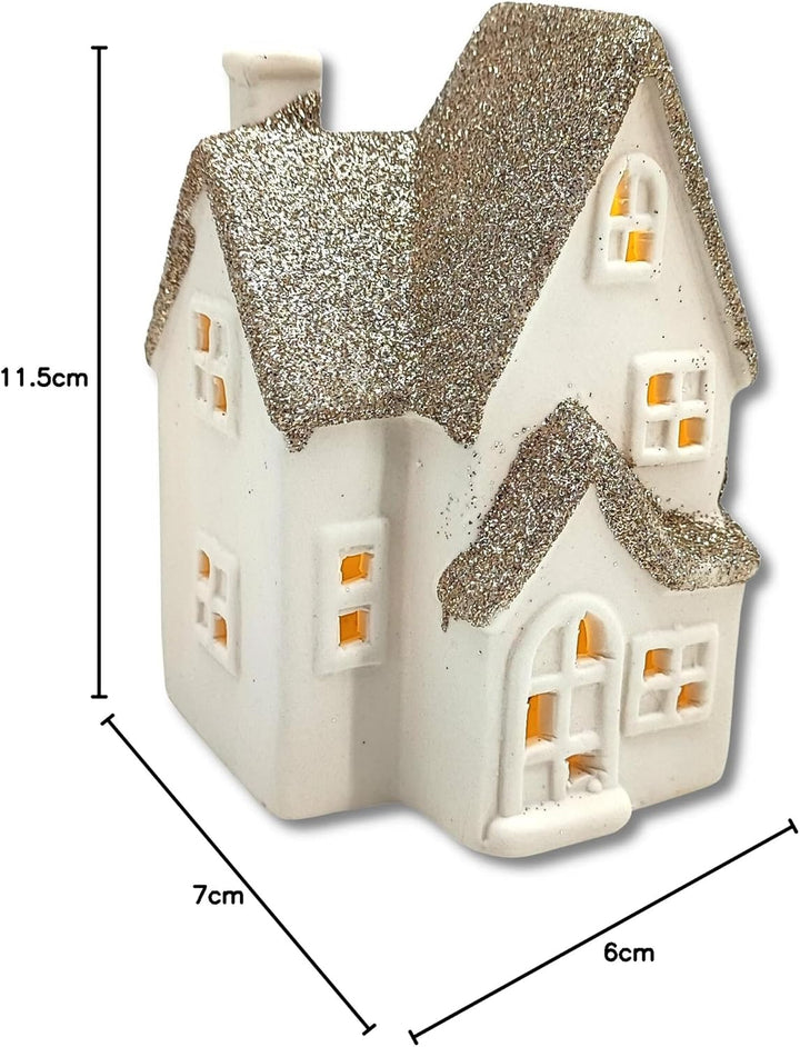 DARO DEKO Keramik LED Haus - Lichthaus Gold Glitzer 2er Set, Gold Glitzer 2er Set