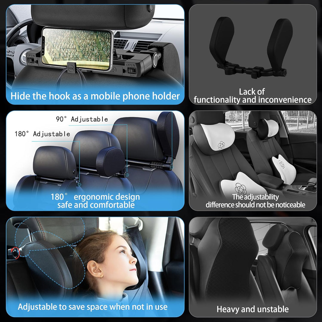 2 Pack KopfstüTze Auto Kinder, 180 Grad Verstellbares Atmungsaktiv Leder Nackenstütze Auto,Nackenkis
