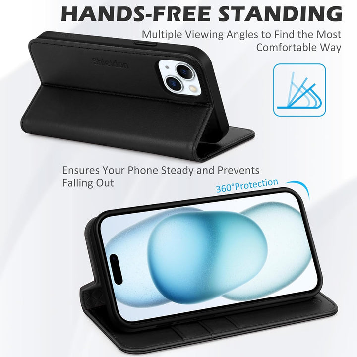 SHIELDON Hülle für iPhone 15 Plus, 5G Handyhülle [Echtleder] [Kartenfach] [Magnet] [Standfunktion] [