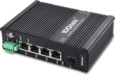 10Gtek 5-Port Industrial DIN-Rail Ethernet Switch Hutschiene, IP40, 1x Gigabit SFP Slot mit 20-km SF