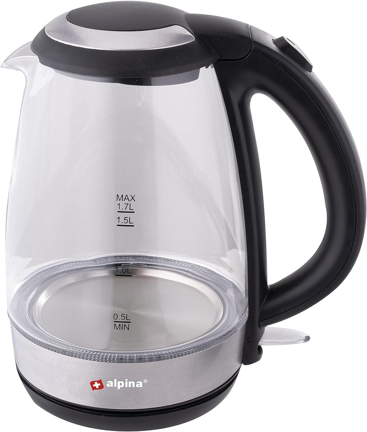 alpina Wasserkocher - Elektrisch - LED - Glas - Edelstahl - Schnurlos - 1,7 Liter, Glas
