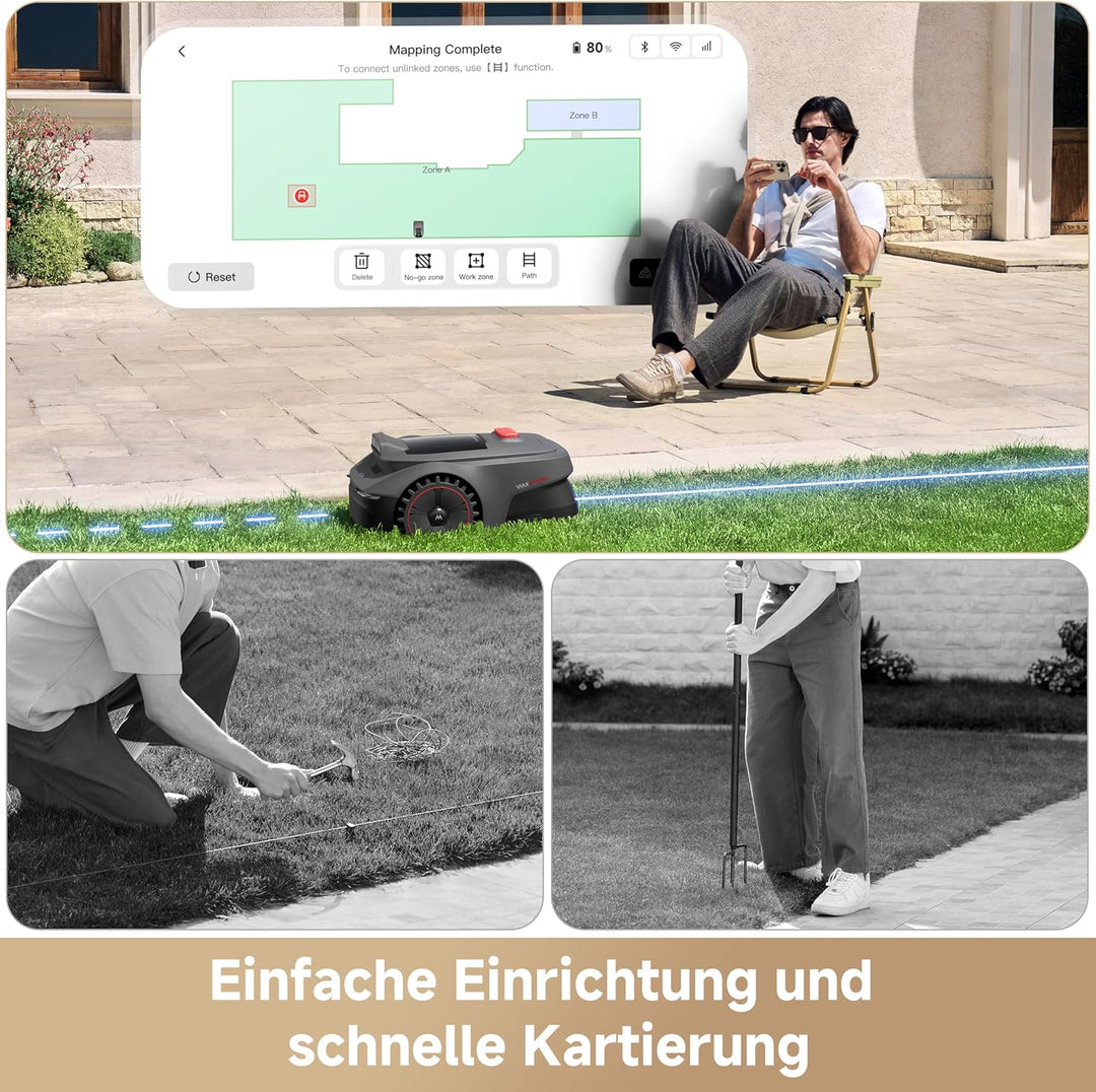 MOVA ViAX 250 Mähroboter Ohne Begrenzungskabel, Empf. 250m², KI-gestützte Kartierung, U-förmige Bahn