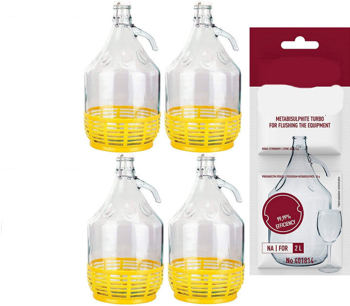 lilawelt24 4 STÜCK 5L GLASBALLON mit BÜGELVERSCHLUSS + Schwefelpulver Weinballon GÄRBALLON GLASFLASC