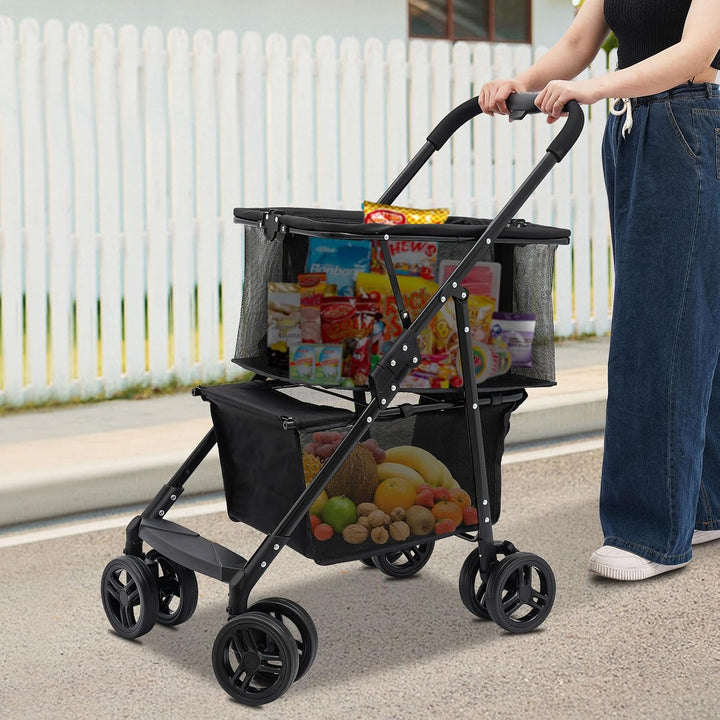 Bollerwagen Klappbarer Warenkorb 50kg Tragkraft 2 Ebenen,Abnehmbare Handtasche 4 Räder,Zusammenklapp
