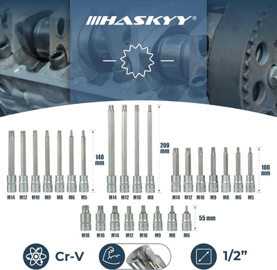 Haskyy 26tlg M5-M18 XZN-Vielzahn-Satz-Set Innen Vielzahn Nüsse Stecknüsse XZN-M5 M6 M8 M9 M10 M11 M1