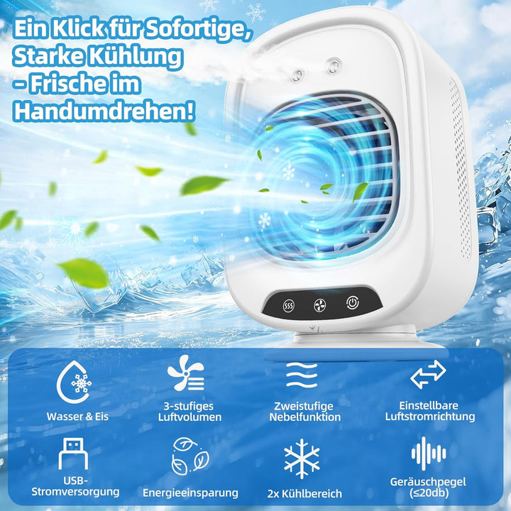 Mobile Klimaanlage, Mini Luftkühler mit 800mL Wassertank, 3 Geschwindigkeiten, 2 Sprühmodus, Mobil K