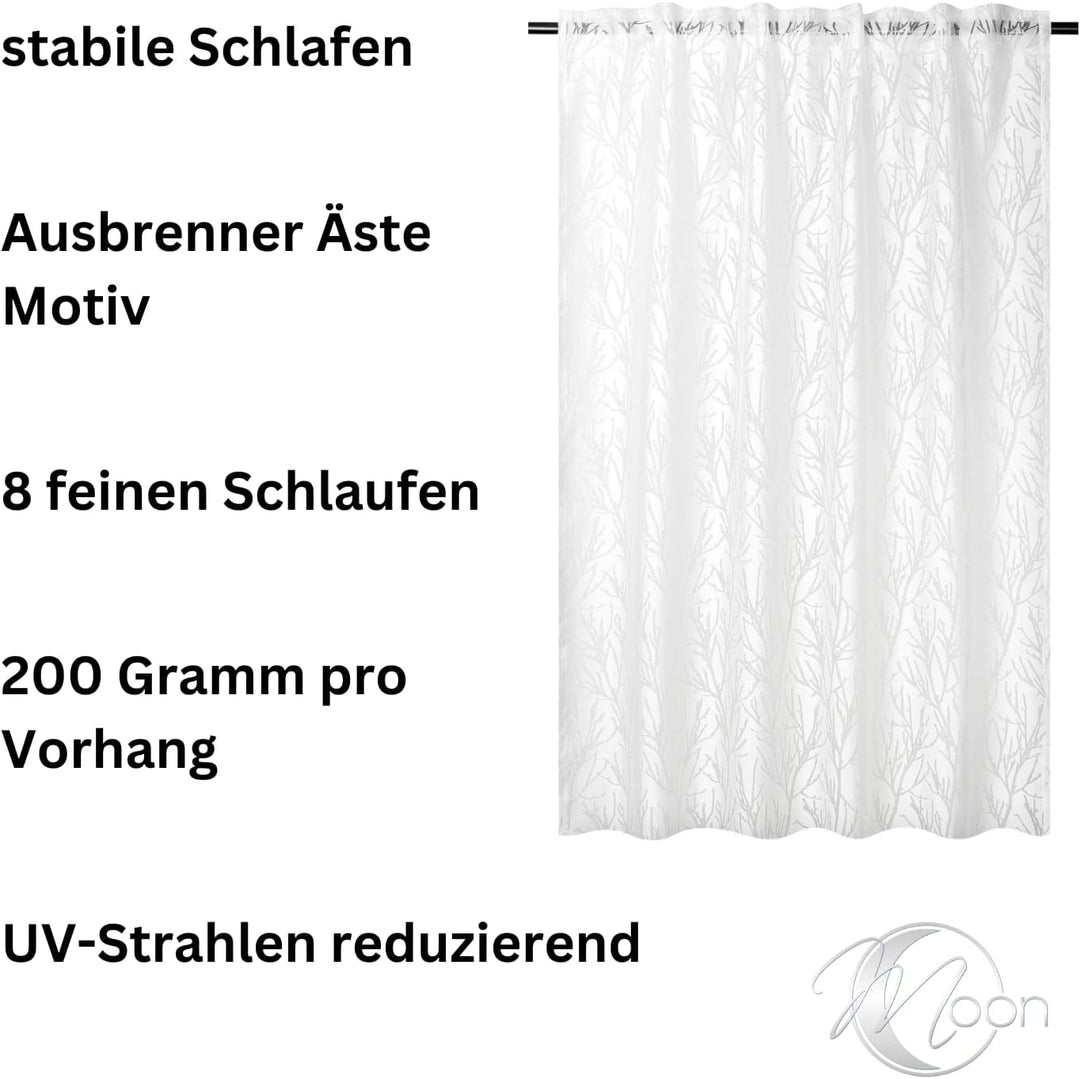 Moon 2er Pack Vorhang Ronny Gardine, Schlaufenvorhang ca. 260x140 cm mit Ausbrenner Äste Motiv - wei