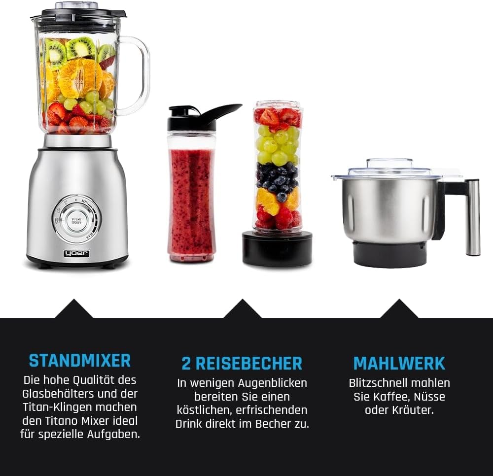 Yoer Titano JB03S, Standmixer, 1800W, 4-in-1, 2,4L Glasbehälter, Automatikprogramme, Edelstahl INOX,