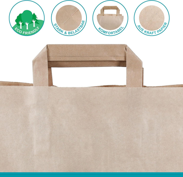 Commerline Papiertüten 250 Stück, Braun, 32+22x25 cm | Kraftpapier Tüten Klein Mit Henkel | Tragetas