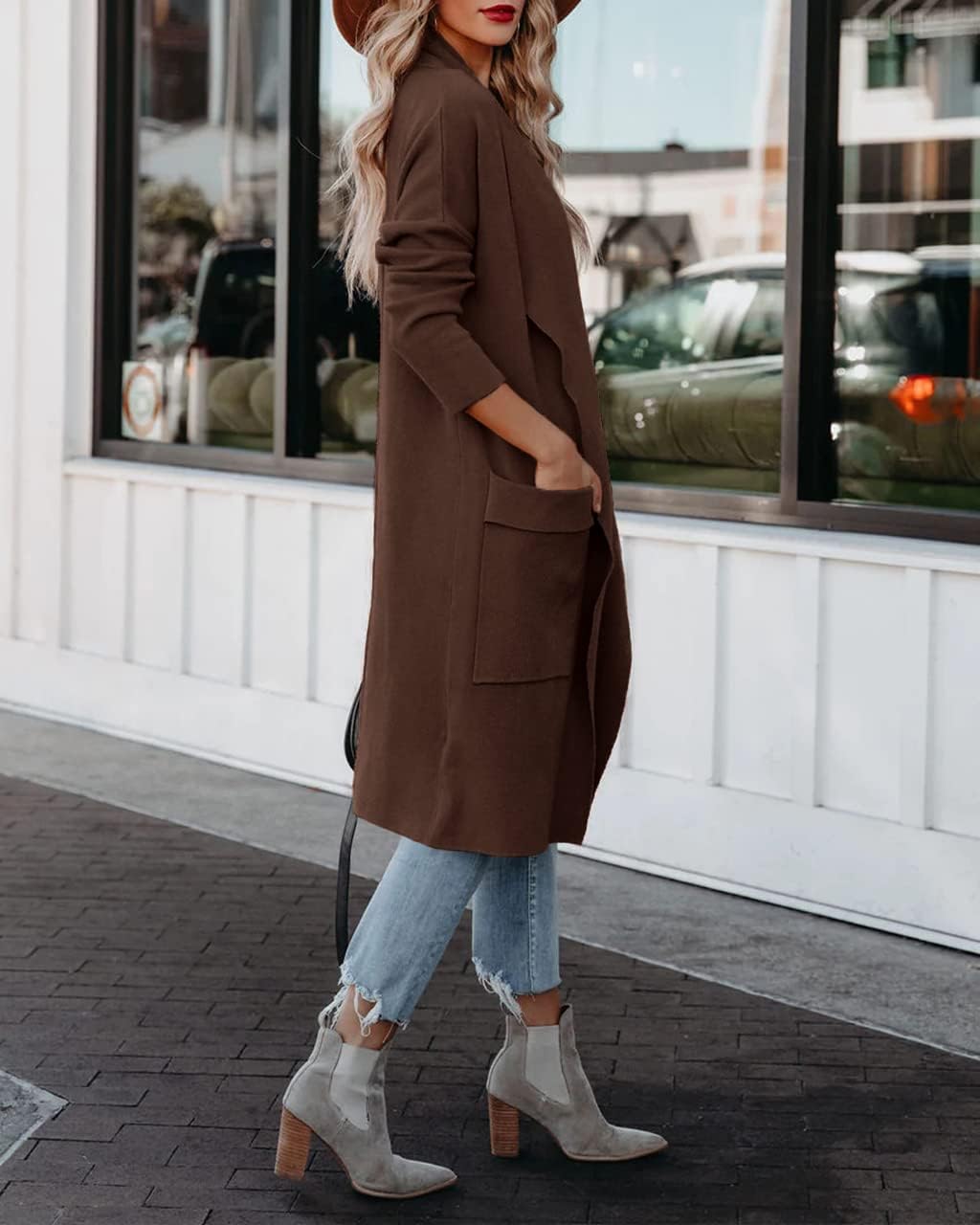 Maavoki Strickjacke Damen, Langarm Offene Front Cardigan mit Tasche, Casual Lange Einfarbig Strickma