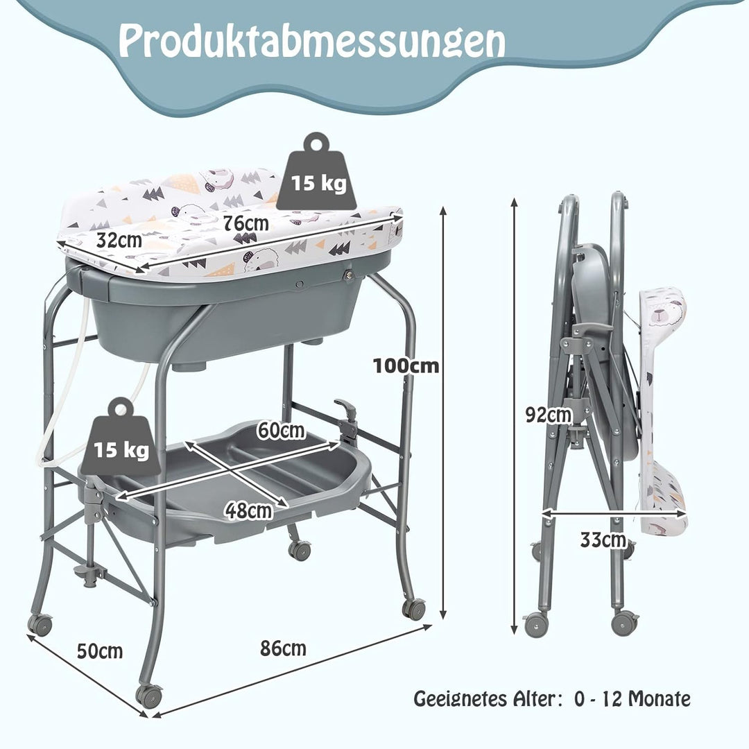 DREAMADE 2 in 1 Wickeltisch & Badewanne mit Gestell, Wickeltisch Klappbar, Wickelkommode auf Rollen