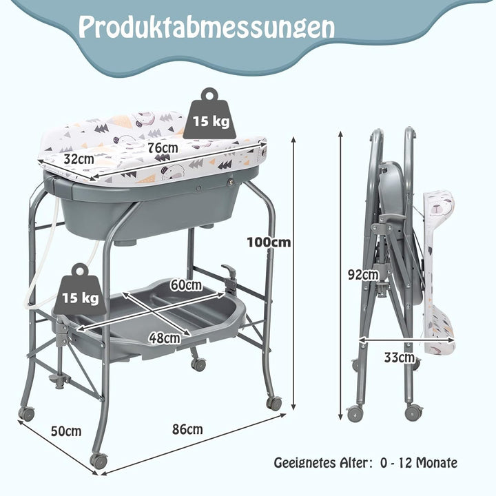 DREAMADE 2 in 1 Wickeltisch & Badewanne mit Gestell, Wickeltisch Klappbar, Wickelkommode auf Rollen