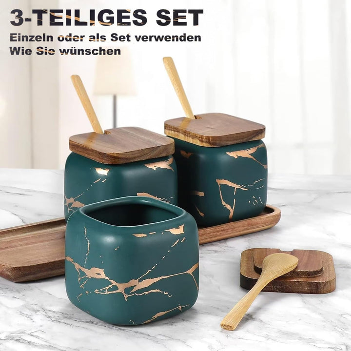 Gewürzgläser Set, 3 Stk Keramik Zuckerdose mit Deckel und Löffel Bambus für Haus und Küche, Alternat
