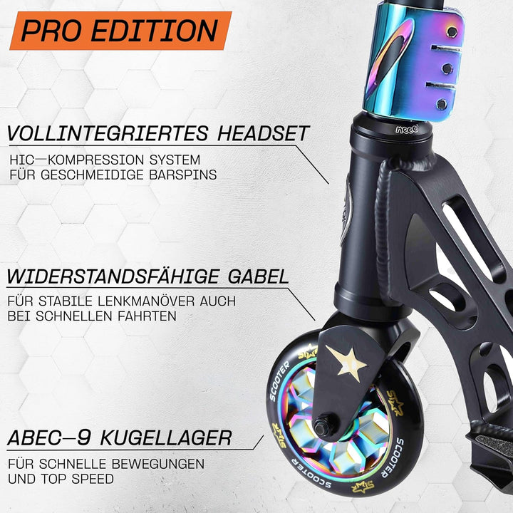 STAR SCOOTER Pro Sport Freestyle Kick Stunt Scooter für Kinder ab 7 Jahre, Erwachsene | 110 120mm Pr