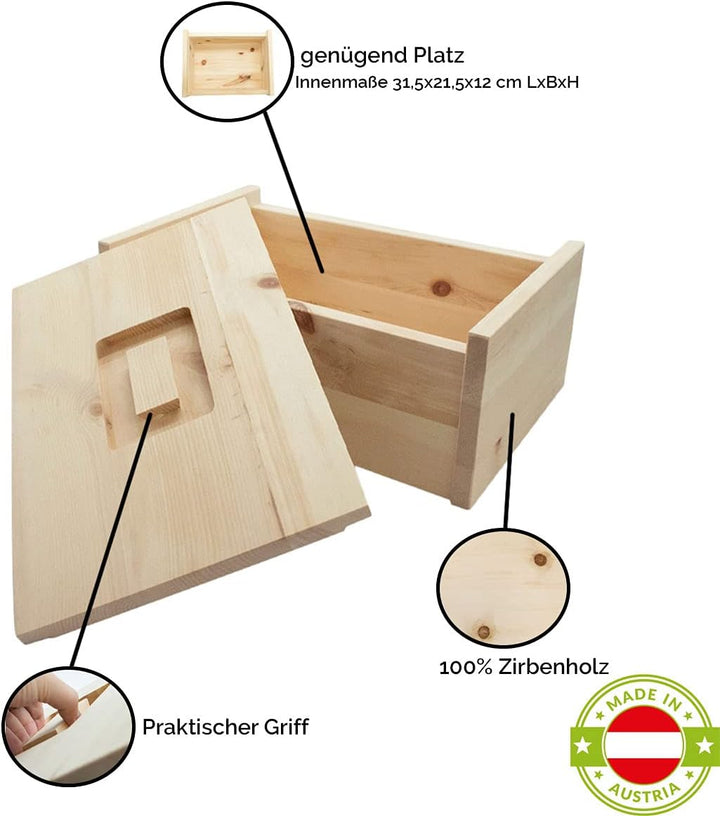 4betterdays.com NATURlich leben! Hochwertige Brotdose aus massivem Zirbenholz - 35x25x16 cm - Brotka