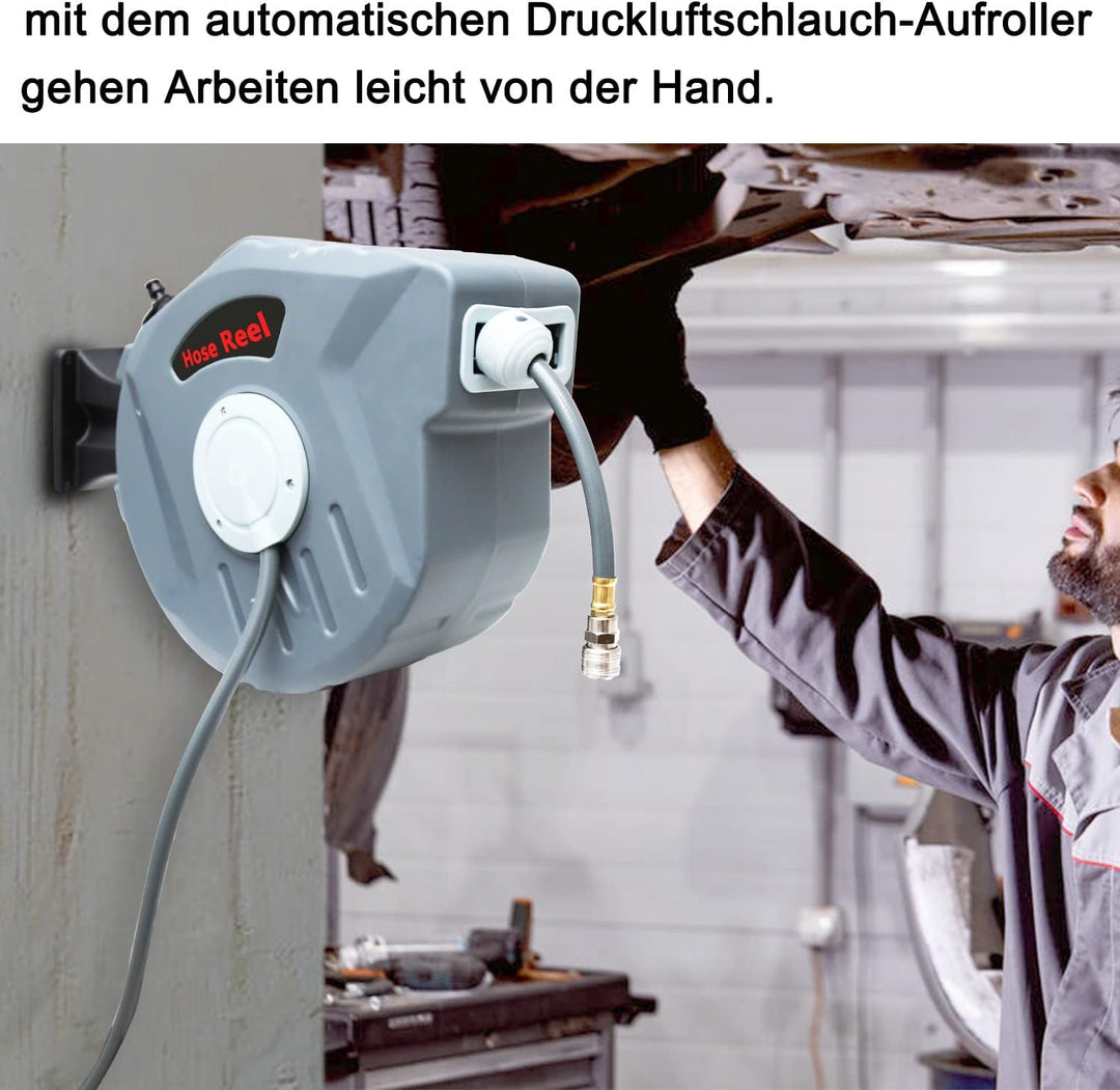 Druckluftschlauch Aufroller automatisch 20m, 1/4" Anschluss, Schlauchaufroller Schlauchtrommel Wands