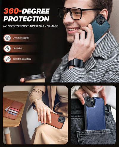 OCASE iPhone 15 Hülle(2in1) Leder Stossfestes Case [Abnehmbare magnetische Hülle] [Kabelloses Laden]