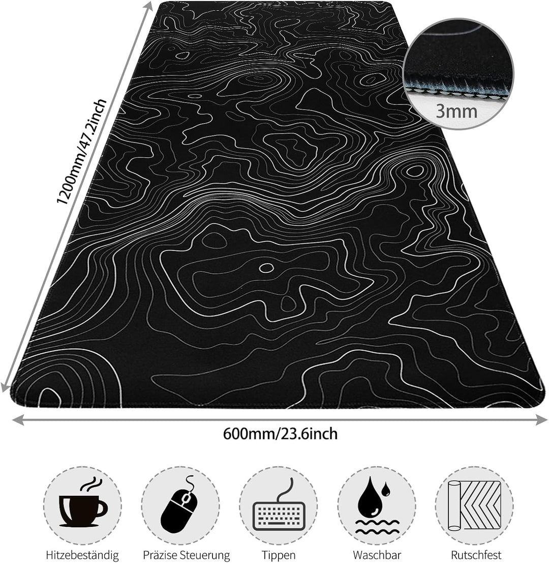 Mauspad XXXL,1200x600mm Gross topographische Karte Mausepad,Mausmatte mit Rutschfester Gummibasis,Mo