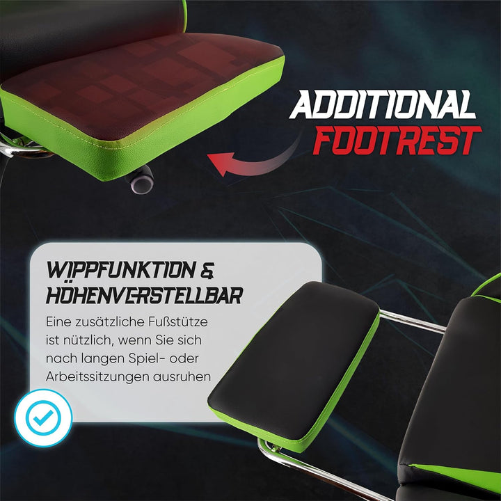 xRace Gaming-Stuhl Hoher Drehstuhl aus Leder mit Lendenwirbelstütze, Kopfstütze und Fussstütze, vers