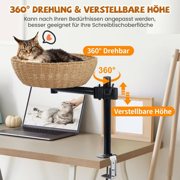 Katzenbett für Schreibtisch - 360° Drehfunktion & höhenverstellbar, Montage ohne Bohren, erweitert d