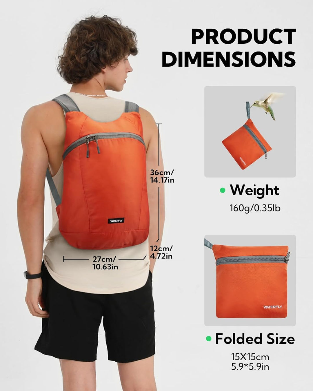 WATERFLY Faltbarer Rucksack Klein 15L: Ultraleicht Wanderrucksack Packable Tagesrucksack Sportliche
