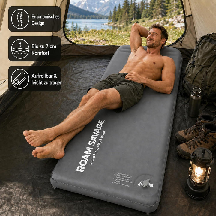 ROAM Savage Selbstaufblasende Camping-Isomatte, 7 cm Schlafmatte mit Kopfkissen, R-Wert 8,0 Isolieru