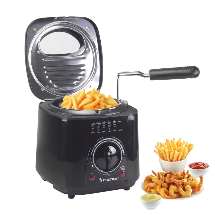 Beper P101FRI100 1 l elektrische Fritteuse, 950 W, herausnehmbarer Stahlkorb, Deckel mit Bullauge, w