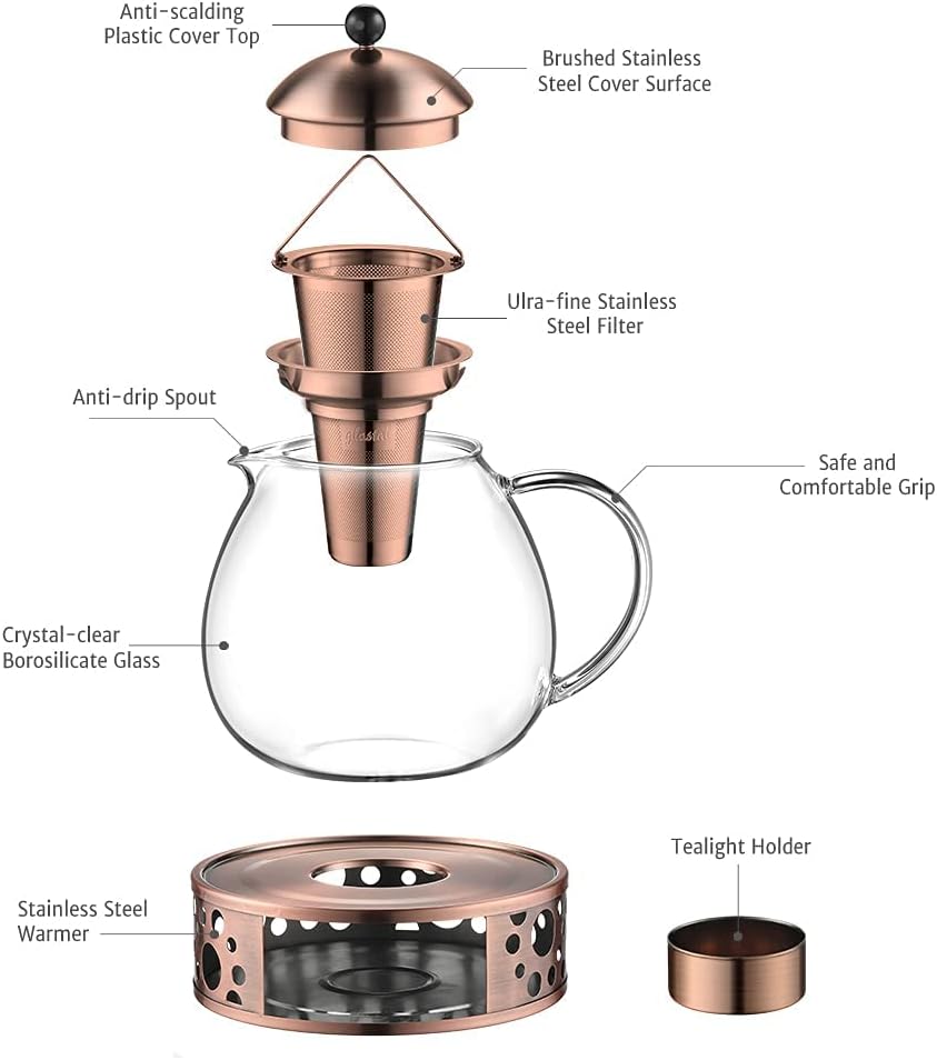 glastal 1500ml Bronze Teekanne mit Stövchen Teebereiter Glas und Edelstahl Teewärmer Teekanne Suit 1