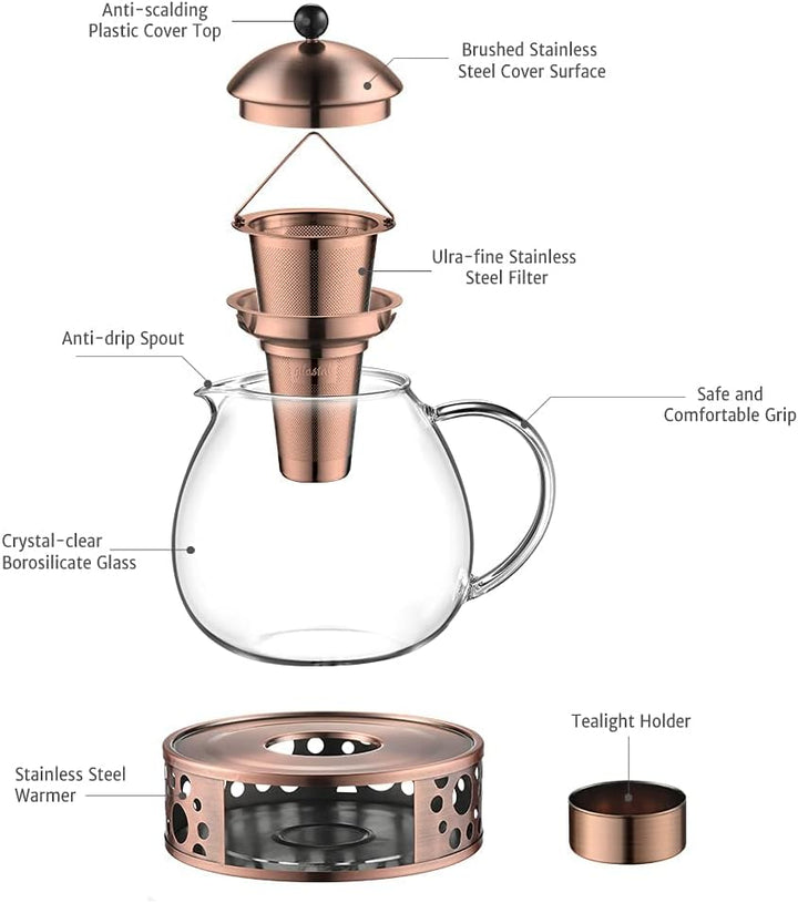 glastal 1500ml Bronze Teekanne mit Stövchen Teebereiter Glas und Edelstahl Teewärmer Teekanne Suit 1