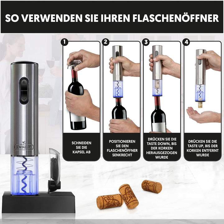 Twinz'up - Korkenzieher Elektrisch, Premium Box mit Folienschneider und Ladestation, Kabelloser Elek