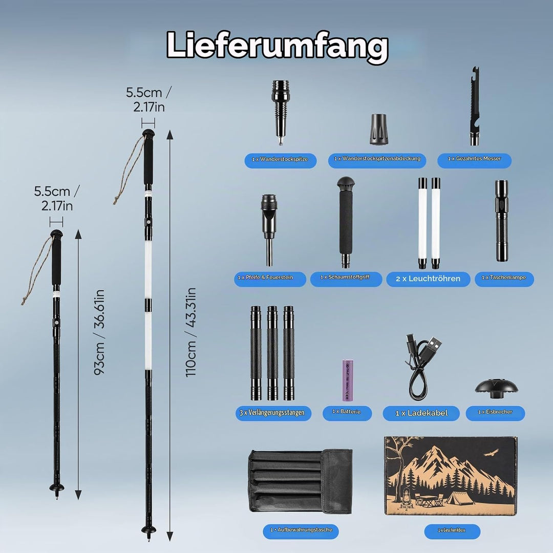 12-in-1 Wanderstöcke Survival, multifunktionale Wanderstöcke mit verstellbarem Aluminiumgriff und Me
