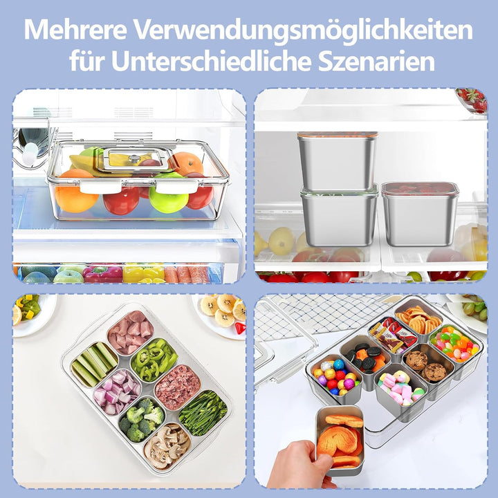 JINDUN Snackbox mit 8 Edelstahl Fächern, 2 Stück Snackteller mit Griff und Einzelnen Deckeln, Verhin